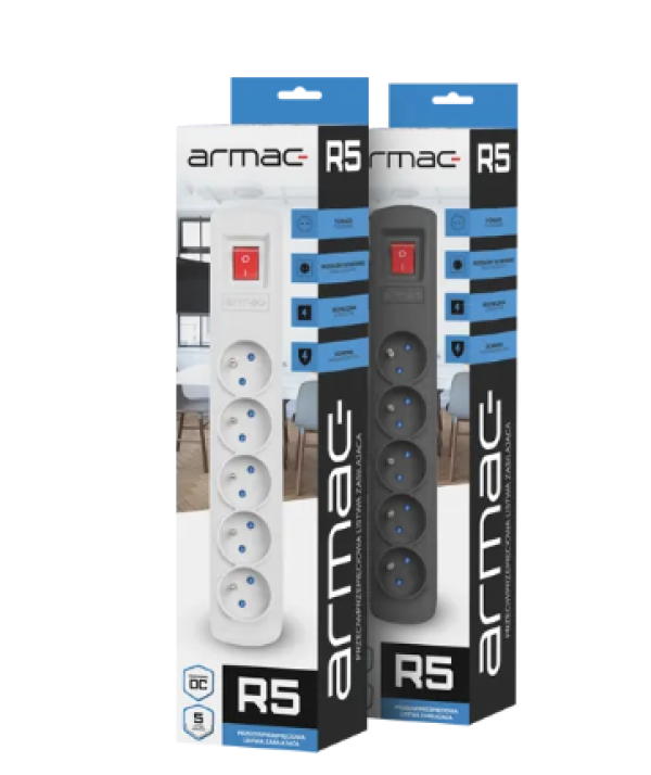 ARMAC R5 strujni pojas, sistem protiv prenapona, 5 utičnica, 1.5m kabl, sivi - Image 2